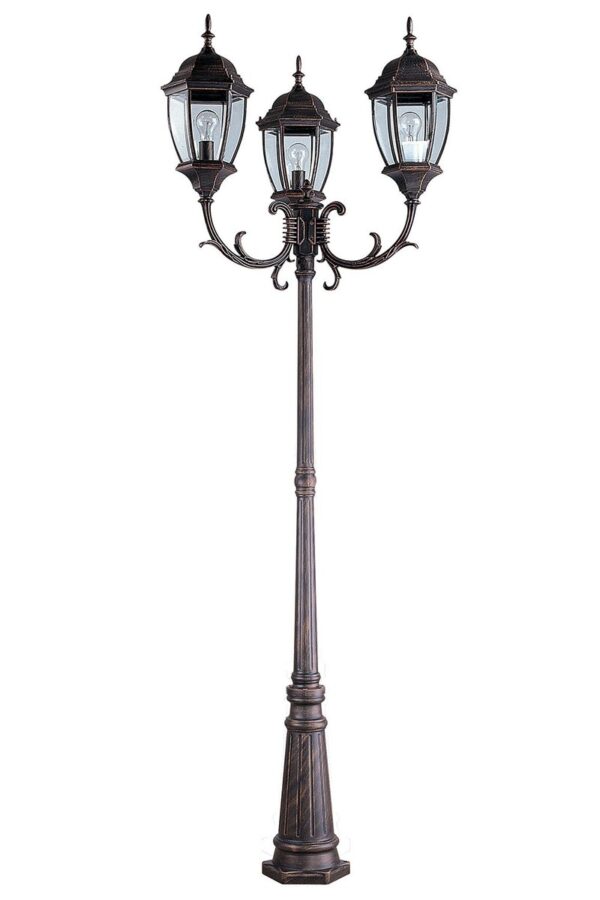 Outdoor Post With Three Lantern Type Lamps In Bronze Finish