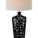White Shade Table Lamp With Black Ceramic Body. 1xe27 Total Height: 93cm. Shade Diameter 46cm Body Width 24cm