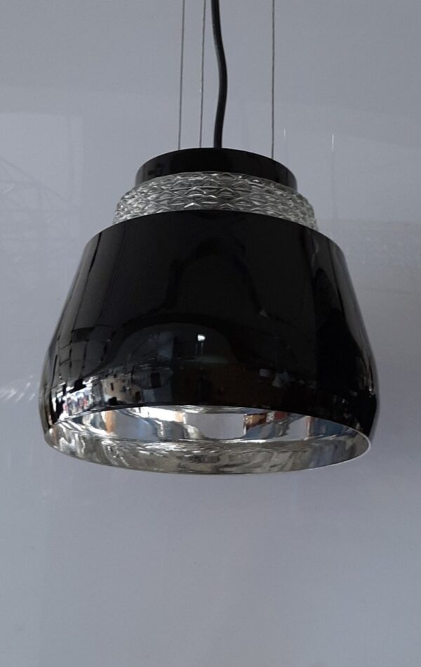 Modern Pendant Lamp In Glossy Black Finish, With Chrome Detail And Decorated Glass Shade, 1xe12 D-20cm X H-19cm Total Height 130cm,